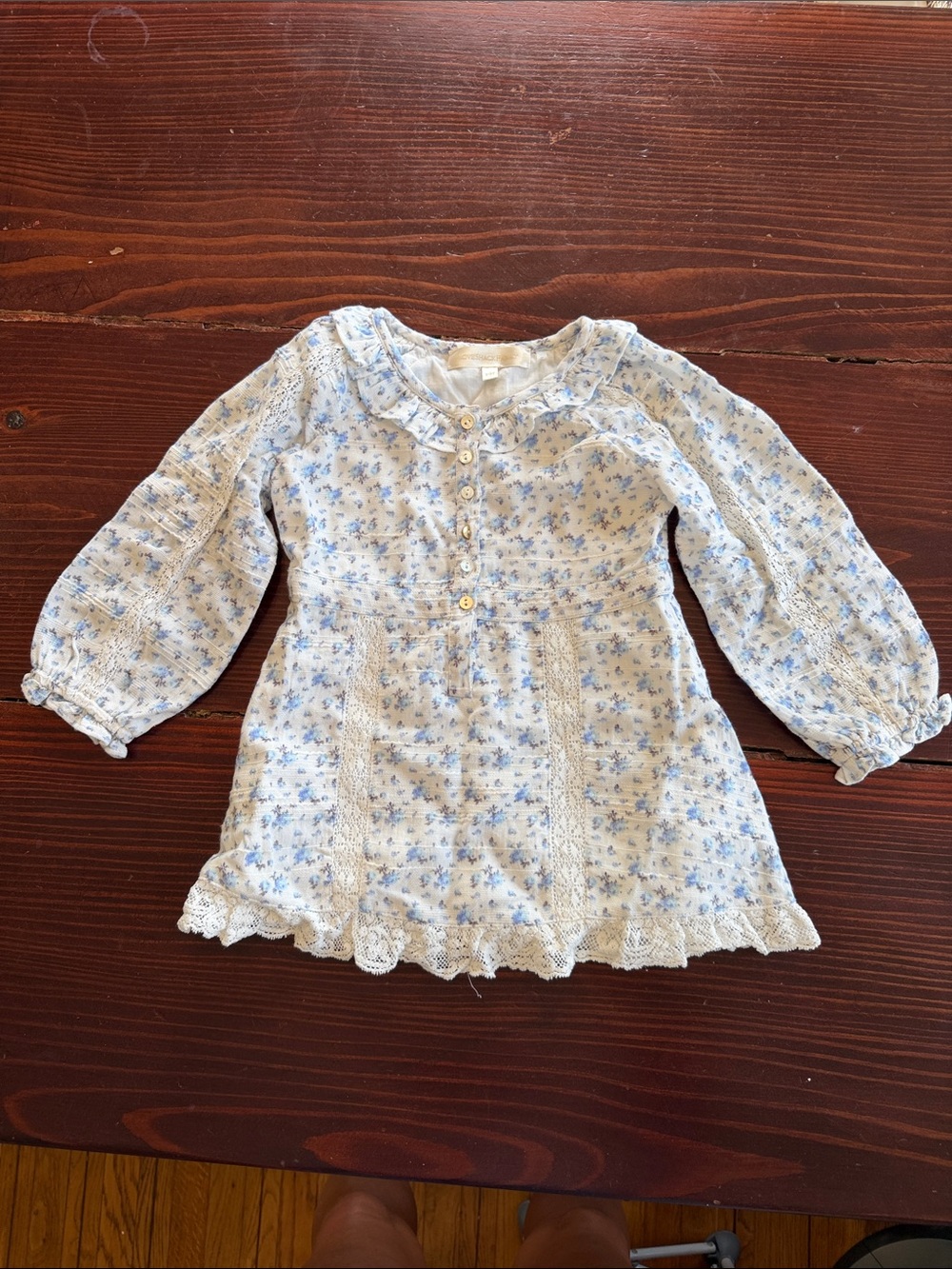 LoveShackFancy Blue Floral Lace Trim Peasant Top